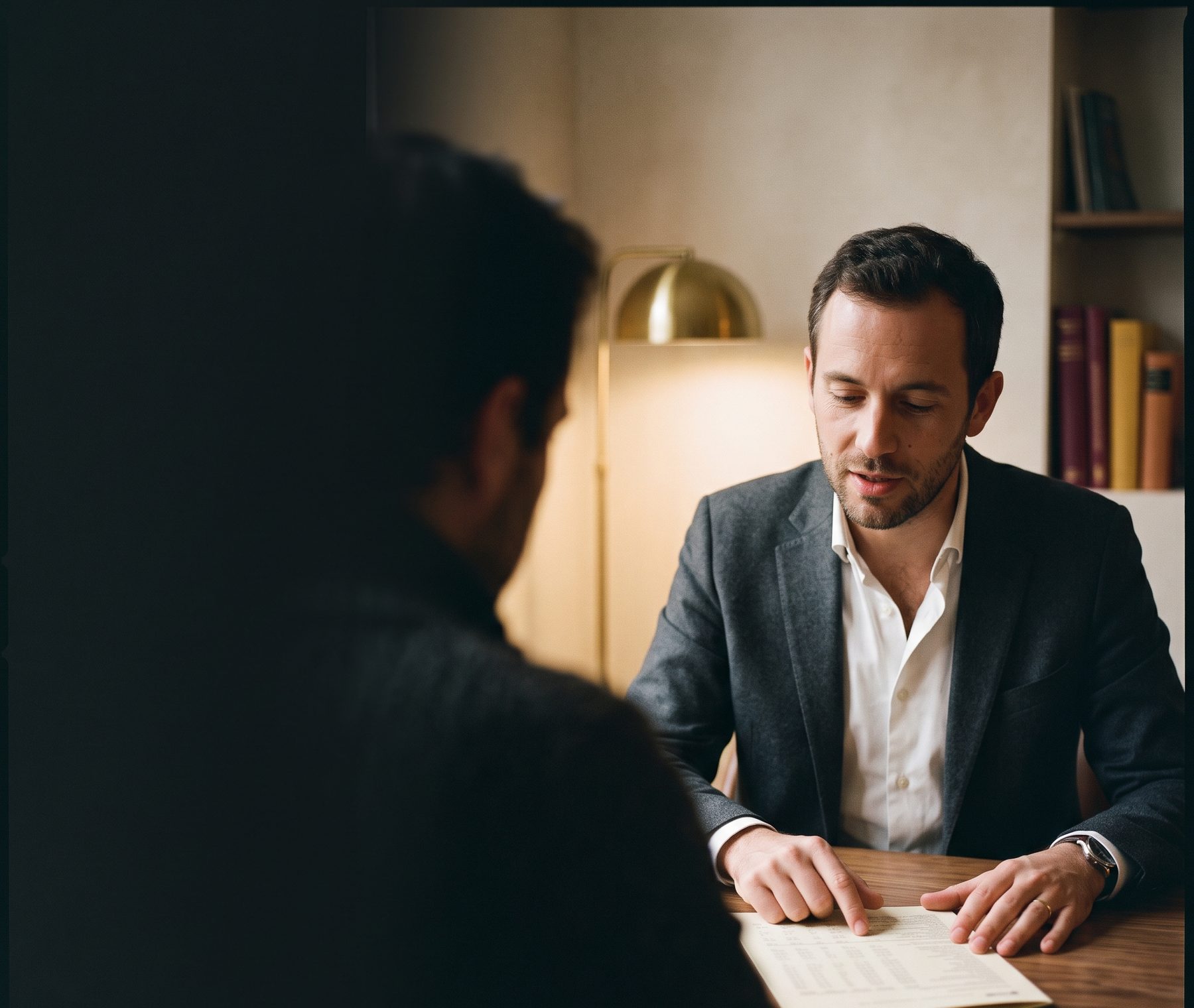 Un conseiller de Meridian Patrimoine expliquant une stratégie patrimoniale à un client
